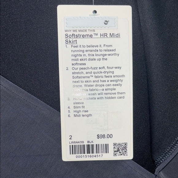 Lululemon Softstreme Midi Skirt Black Sz 2 NWT - Picture 9 of 9